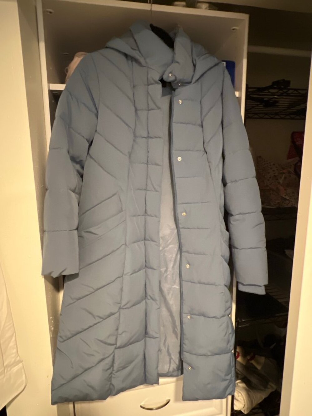 Kensie Long Hooded Puffer Coat Dusty Blue Chevron Quilted Women's Medium